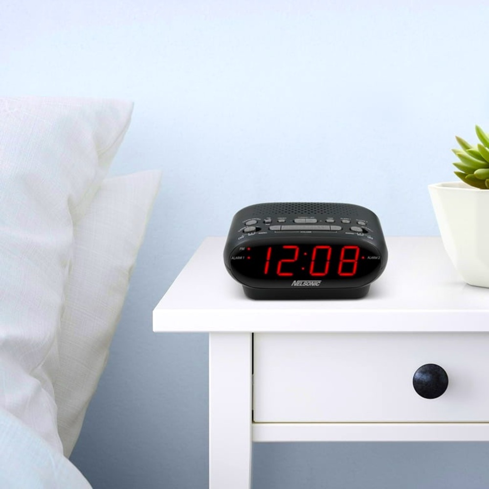 Nelsonic AM/FM LED Clock Radio Dual Alarm, Snooze & Battery Backup
